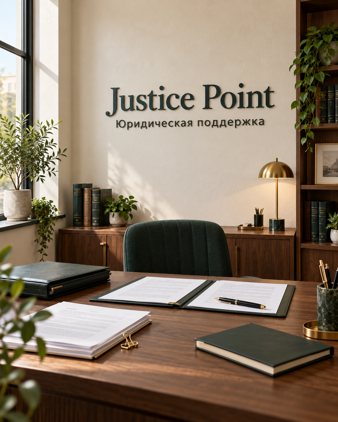 Юридический кабинет Justice Point: вывеска на стене, рабочий стол с документами и папками